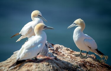 Flock of northern gannet (Morus bassanus) birds on the shoreline during the sunny weather