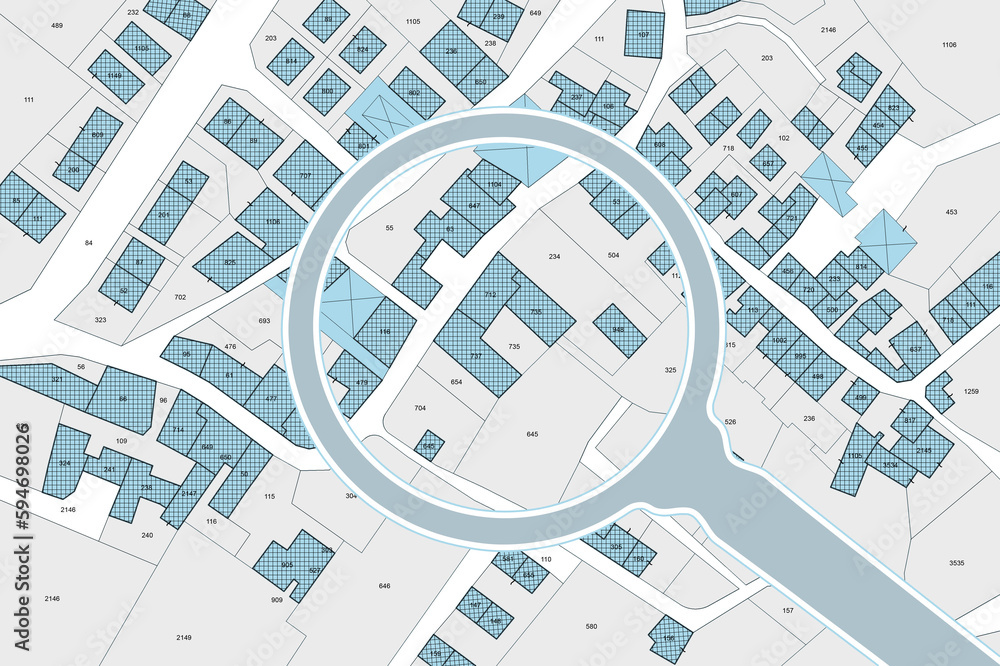 Poster imaginary cadastral map with buildings, land parcel and vacant plot - property registry and real est