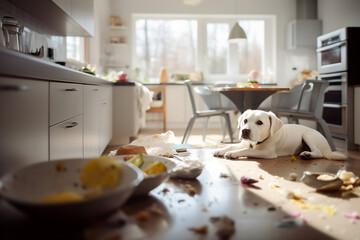 White dog puppy causing chaos with litter all over the floor in kitchen.  - obrazy, fototapety, plakaty