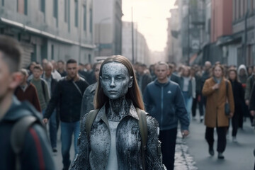 futuristic female robot walking on street among the crowd against blurred background. artificial intelligence concept