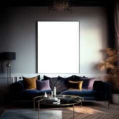 Stylish Living Room Interior with Mockup Frame Poster, Modern interior design, 3D render