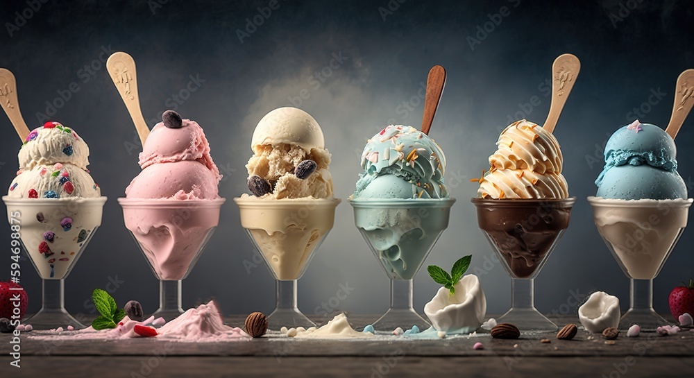 Poster presentation of ice cream in a variety of settings picture idea of ice cream generative ai