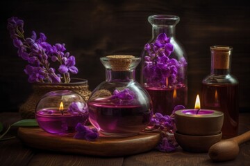 Obraz na płótnie Canvas A table with candles and purple flowers Generative AI