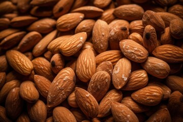 A close up of almonds with one of them showing the black spots on the almonds Generative AI