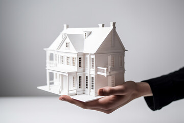 Fototapeta na wymiar image of a hand holding minitiature 3D white house model, architecture and real estate promotion or marketing.