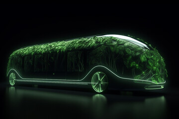 Autonomous futuristic bus covered with tendril and plants, concept of ecology and sustainable development.