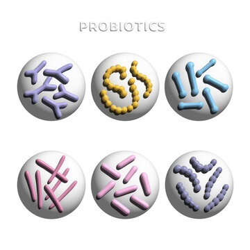 3d render Set of 3d render Probiotic Bacteria Bulgaricus, Lactobacillus, Propionbacterium. Lactococcus, Streptococcus Thermofillus, Bifidobacterium. Volume illustration