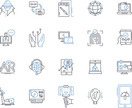 Wireless tech line icons collection. Bluetooth, Wi-Fi, NFC, Infrared, G, Antenna, Router vector and linear illustration. Modem,Satellite,Broadband outline signs set