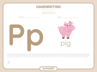 Alphabet tracing practice Letter P. Tracing practice worksheet. Learning alphabet activity page. Printable template. Uppercase and lowercase ABC trace practice worksheet. Learning English handwriting
