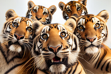 A flock of tigers takes a selfie. AI Generated