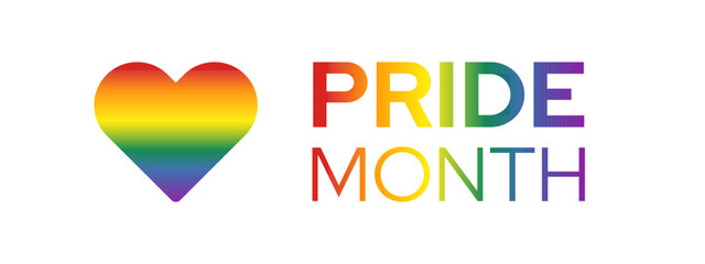 Pride month banner background. Heart shape and text with Pride flag Abstract gradient inside. Vector illustration