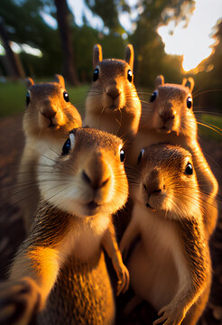 A flock of squirrels look at the camera and take a selfie in nature. AI Generated