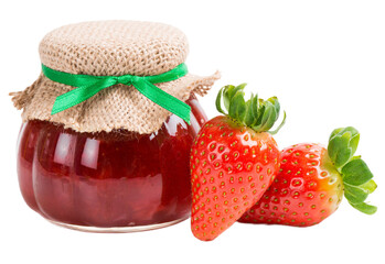 strawberry jam in glass jar  isolated on a transparent background	
