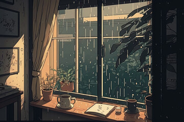 Rainy Day Anime Aesthetic Lofi Vibes in Ultra High-Resolution Room with Window View, Generative AI