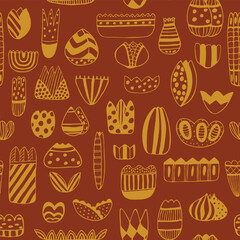 Seamless repeating pattern with abstract flowers, birds and leaves in pink, red, black colors. Flat simple fabric, gift wrap, wall design. Vector