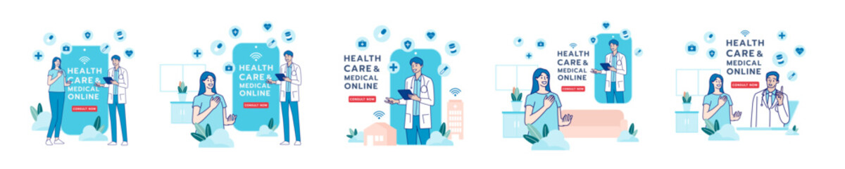 Telehealth, telemedicine, online doctor, online clinic and medical service online. Healthcare, medical, telemedicine, Telehealth concept. Patient consultation. Hand draw style. Vector illustration.