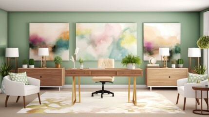 A cozy watercolor artwork featuring a modern office and inviting earthy tones. Generative AI.