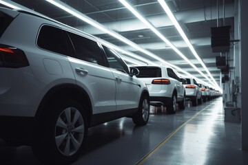 Fototapeta na wymiar Row of modern white SUV cars in a modern car factory, with a clean and bright