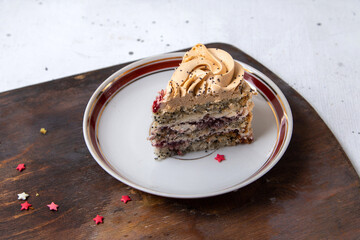 front close view cake slice inside plate on the wooden desk and light background cake sweet sugar...