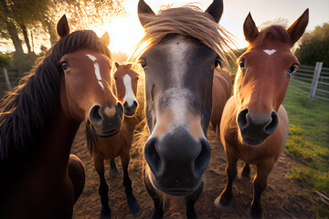Horses looks at the camera and takes a selfie in nature. AI Generated
