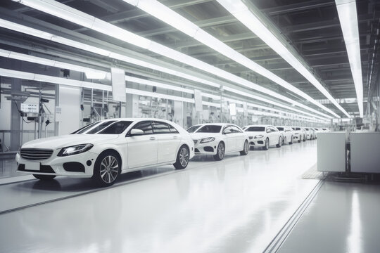 Row of modern white cars in a modern car factory, with a clean and bright
