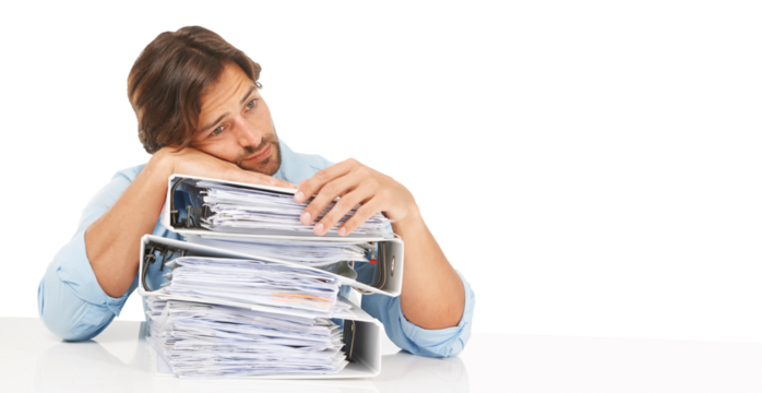 Accounting, thinking and man with stack of folders isolated on transparent png background. Burnout, pile of documents and accountant or sad business person, depressed or fatigue, overwork or stress
