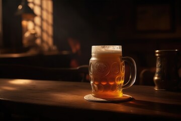 Close up glass of beer in Cozy Bar, generative AI