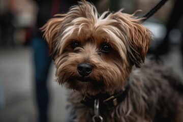 Dog walking in the city with its owner, generative AI