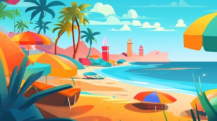 Vibrant and lively digital artwork of a beach paradise with palm trees. Generative AI.