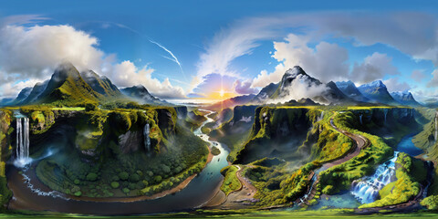 360° imaginative New Zealand style nature like Milford Sound, waterfalls, forest, cliffs, river at sunset. Virtual tour, social media, High res. equirectangular 2:1 croppable panorama, Generative AI