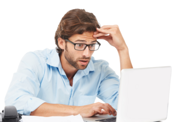 Laptop, business man and stress or shocked about bad tech, glitch or internet problem. Male entrepreneur person with depression and technology for reading news isolated on transparent, png background