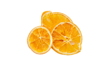 Top view of dried orange slices isolated on a white background. Flat lay.