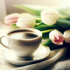 Fototapeta na wymiar Coffee in a cup and tulips on the table, light and airy, generative ai