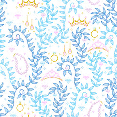 jewels seamless pattern. royal print. crown, tiara, earrings, ring, necklace, pearl, gold, diamond. jewelry pattern. good for fabric, wallpaper, fashion design, background, backdrop, textile. © hartami