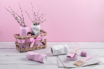 Sustainable hobby background with handmade vase or houseplant pots. Creative upcycling DIY idea, craft upcycled tin can pots for home decoration