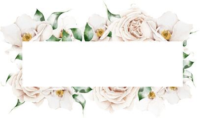 Pastel delicate roses watercolor frame. Horizontal flower arrangement design