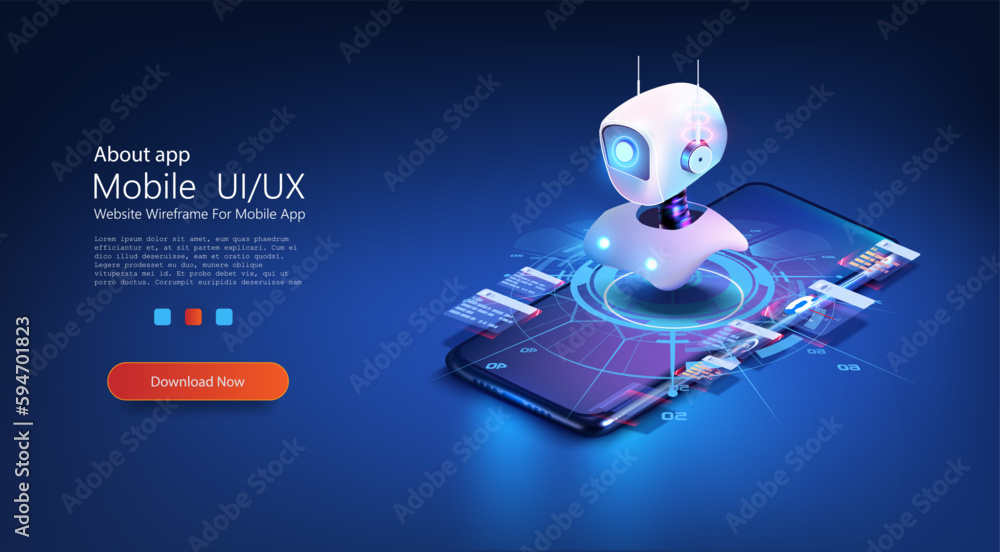 Poster Cute neon cartoon robot. AI Content Generator. Chatbot technology, isometric.  AI chatbot based on artificial intelligence and neural networks. Artificial intelligence in science and business. Vector