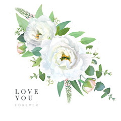 Elegant greeting love you card, wedding invite, save the date card template design. White eustoma, lisanthus, veronica flowers, seeded eucalyptus, green leaves bouquet. Vector, watercolor illustration