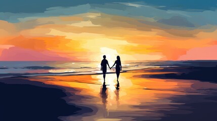 A young couple holding hands as they walk along a deserted beach during a romantic sunset. Generative AI.