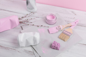 Sustainable hobby background with handmade vase or houseplant pots. Creative upcycling DIY idea, craft upcycled tin can pots for home decoration