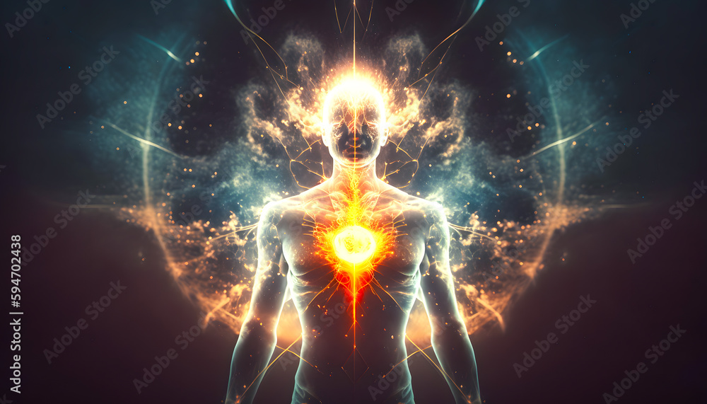 Wall mural astral yoga silhouette of human in cosmic space meditate. practicing transcendental spiritual medita