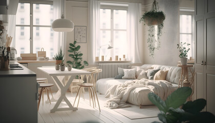 Classic Scandinavian kitchen with wooden and white details, minimalistic life interior design. Generation AI