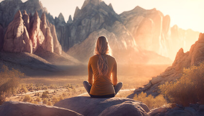 Fototapeta na wymiar Back view young woman meditating in nature mountain Alps sunrise. Concept life sport travel. Generation AI