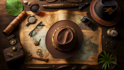 Naklejka premium Pirate treasure map and compass, old captain hat on aged wooden table background. Concept sea travel, top view