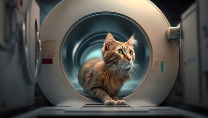 Cat lying on table before scanning in MRI equipment in veterinary clinic. Banner Vet CT scan. Generation AI