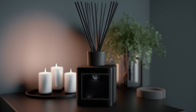 luxurious diffuser with reed sticks in expensive dark interior. Masculine fragrance with smell of wood, sandalwood and black vanilla. Generation AI