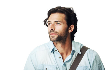Fototapeta premium Thinking, mindset and PNG with a man isolated on a transparent background contemplating a thought. Idea, mind and contemplation with a handsome young male pondering a decision about the future