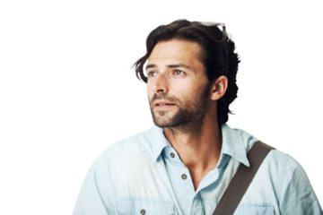Thinking, mindset and PNG with a man isolated on a transparent background contemplating a thought. Idea, mind and contemplation with a handsome young male pondering a decision about the future