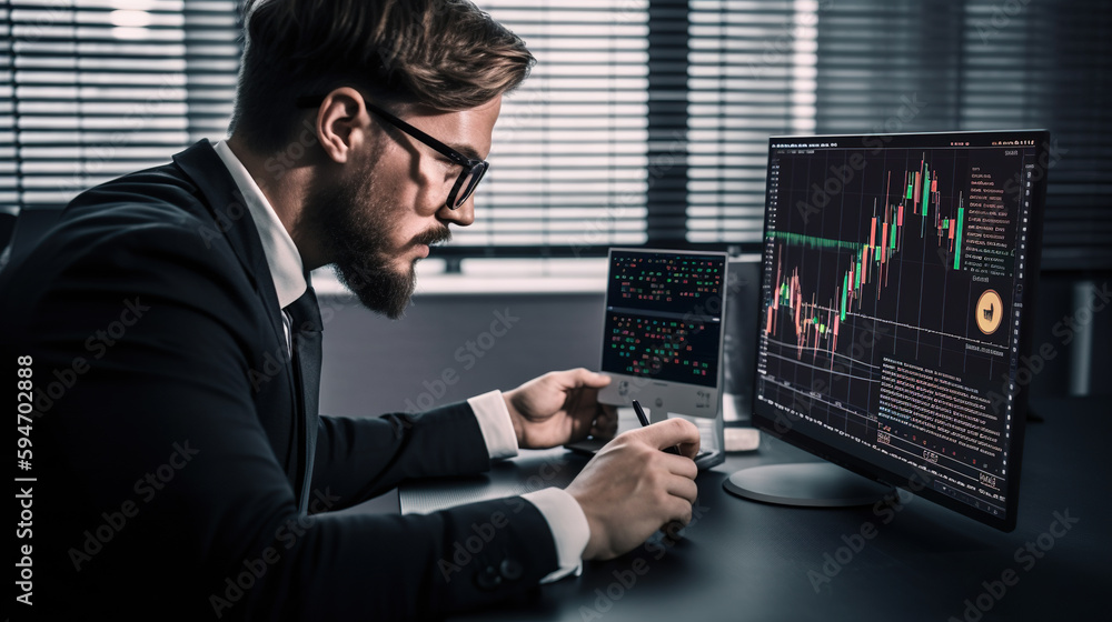 Aufkleber businessman analyzing stock market data on computer monitor. investment and trading concept. generat