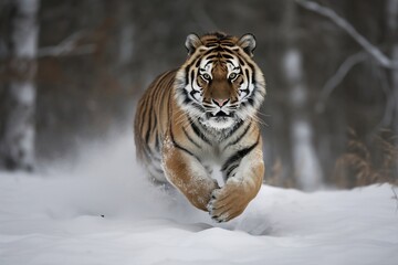 Fototapeta na wymiar Tiger running in the snow. generative ai